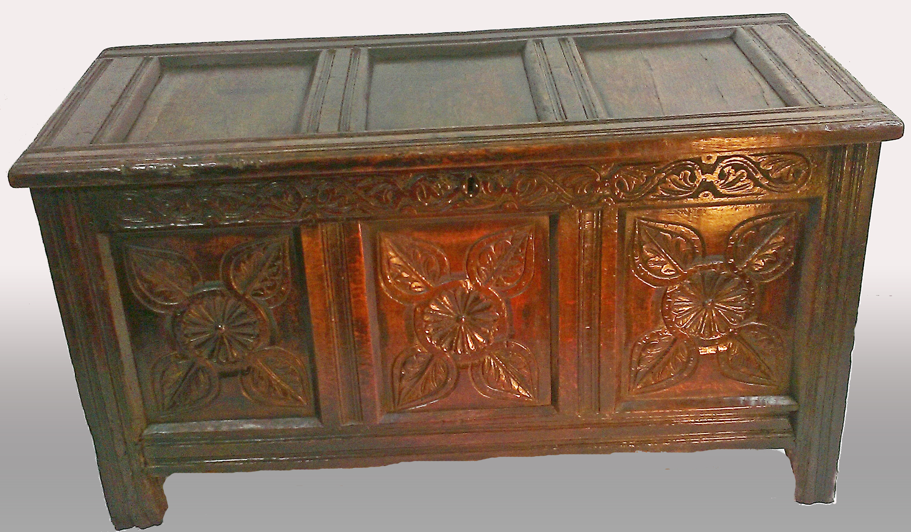 17thC Carved panelled Coffer